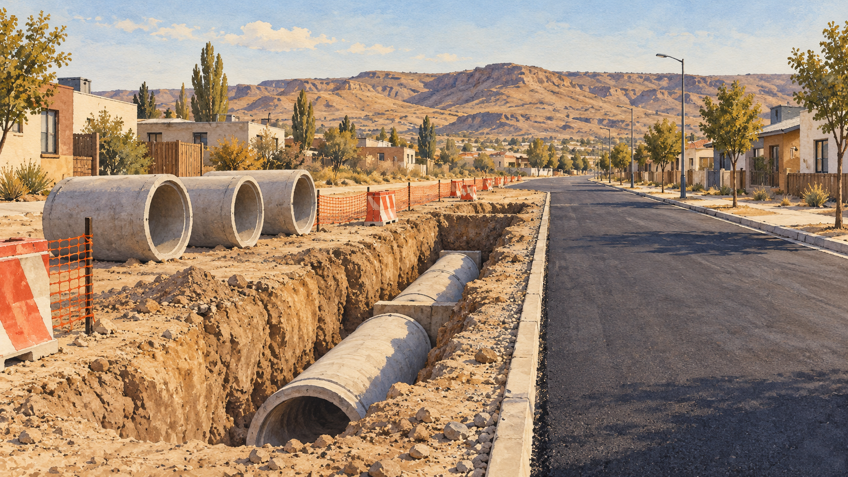 Ilustración conceptual de una obra de pavimentación y drenaje urbano, generada con IA