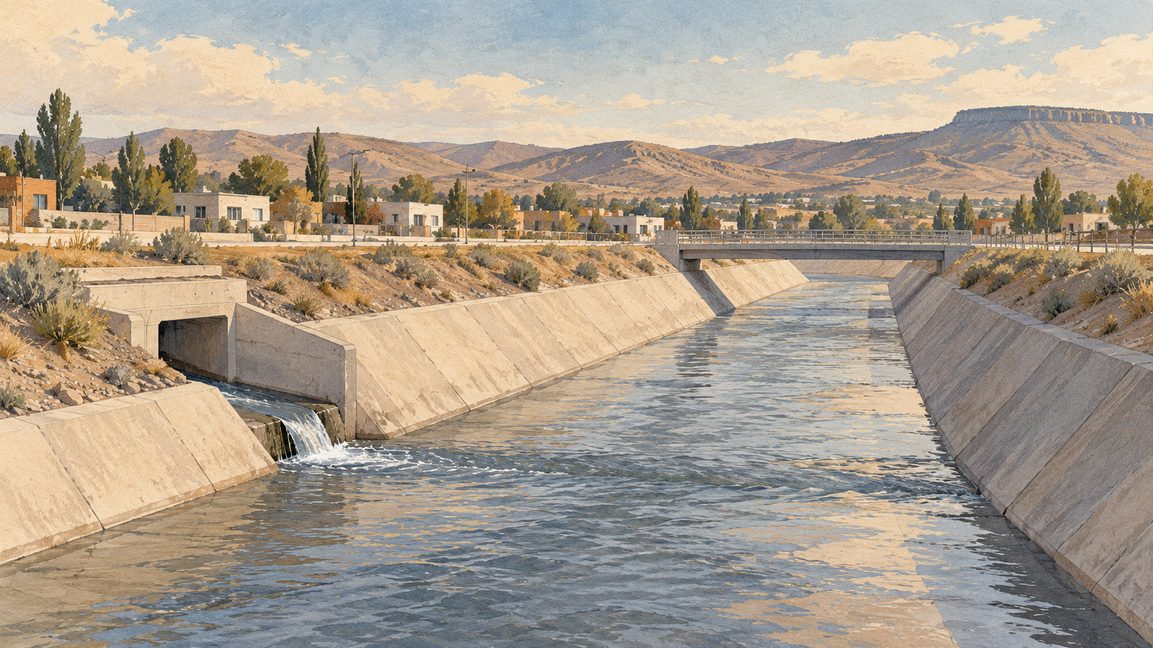 Ilustración conceptual de un canal de drenaje urbano, generada con IA
